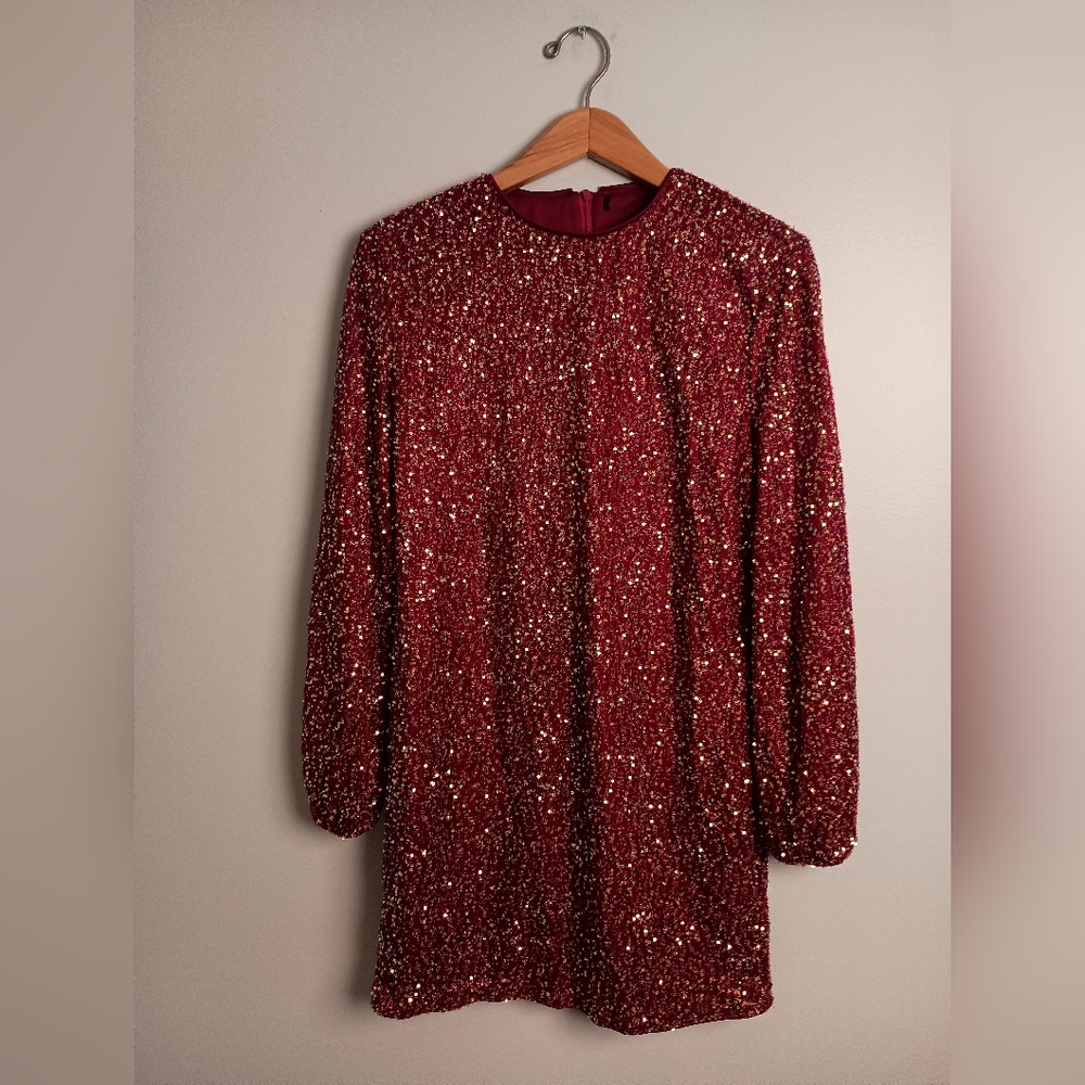 Women's Red Sequin Long Sleeve Dress
